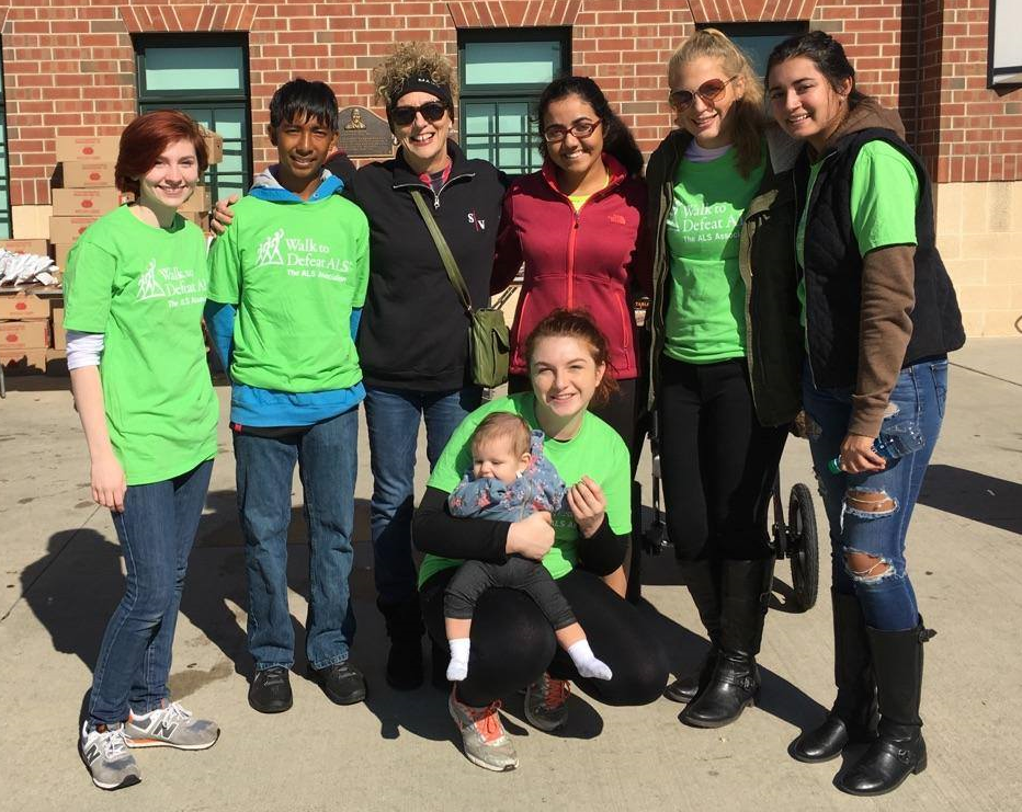 From left to right: Emileigh Keeler, Cooper Weber, Genia Miller, Malaika Nehal, Helen Cordes, Daniela Sanchez, Taylor Geiger  (kneeling with Miller's granddaughter Evie) at the 2016 Lehigh Valley Walk to Defeat ALS in Allentown Saturday