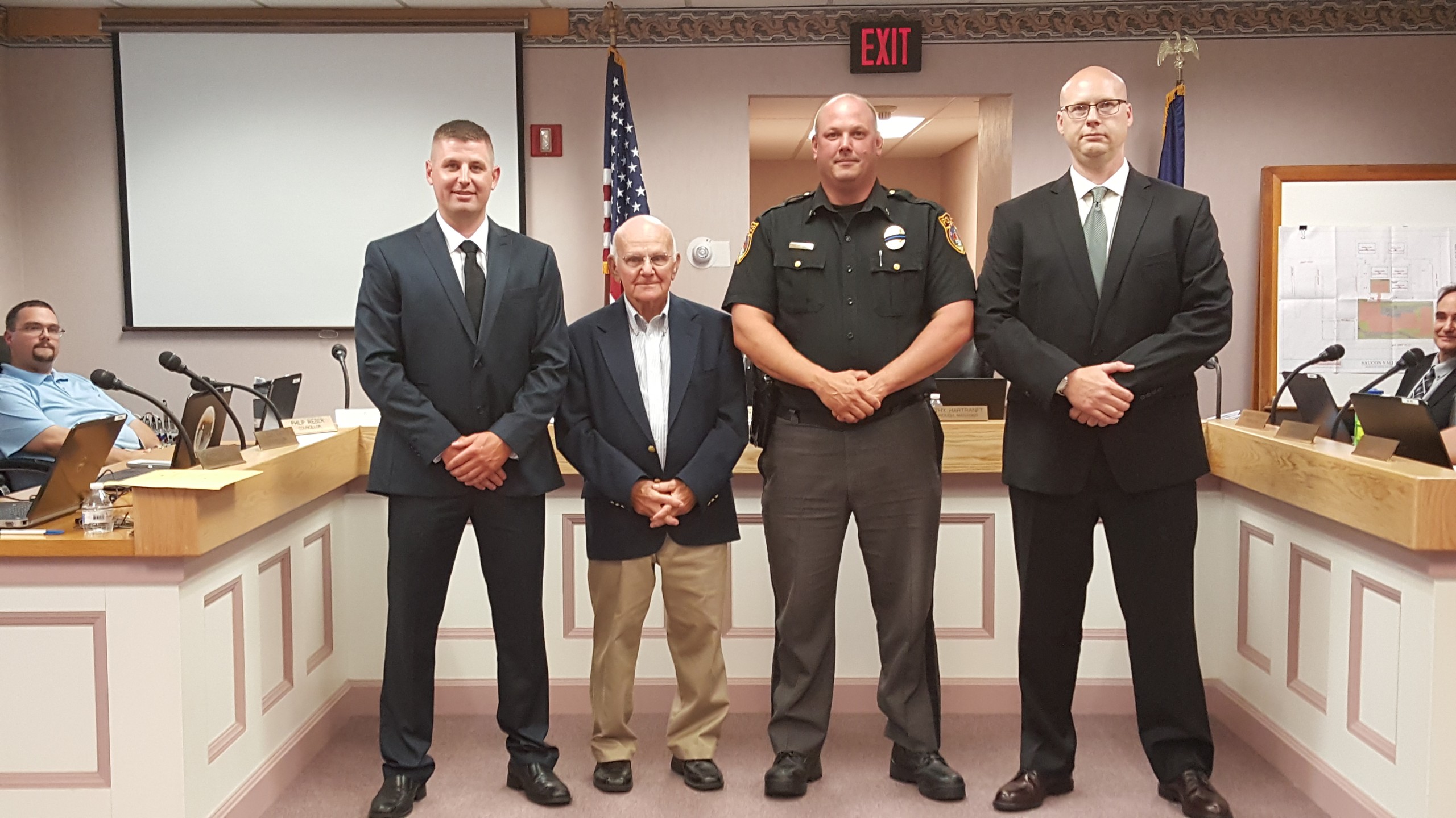 From left, Ofc. Christopher Pfancook, Hellertown Mayor Richard Fluck, Police Chief Robert Fluck and Ofc. Jacob Fouts