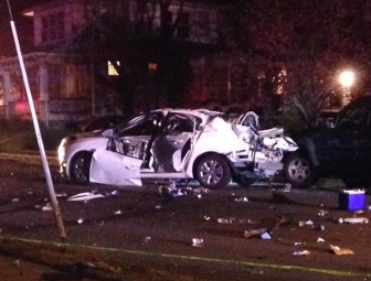 A white sedan is in pieces after it exploded on First Avenue in Hellertown.