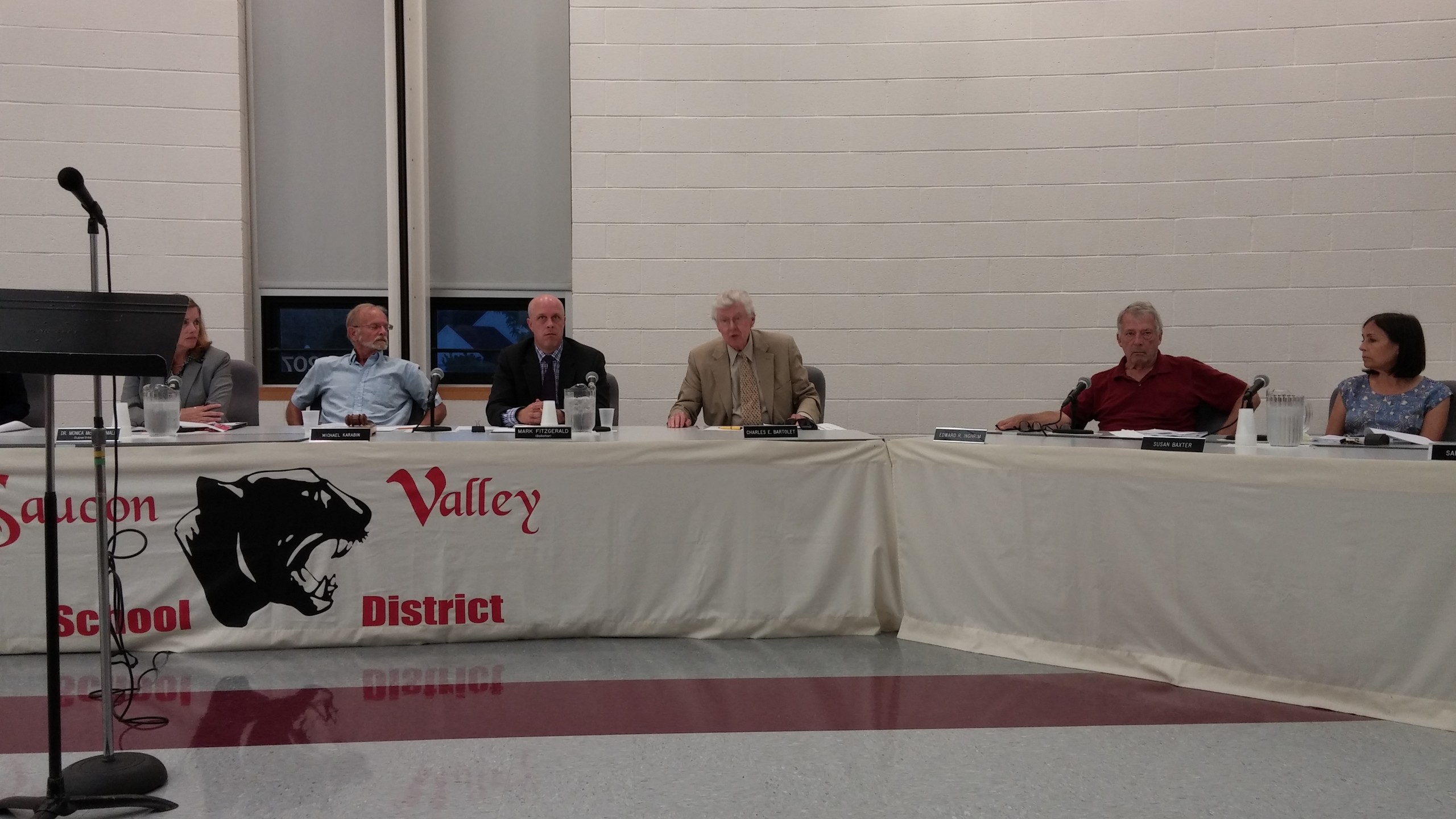 Saucon Valley School Board members discuss a contract proposal for the district's 180-plus teachers prior to a vote Tuesday night.