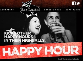 A screenshot of the Bar Louie homepage (www.barlouie.com).