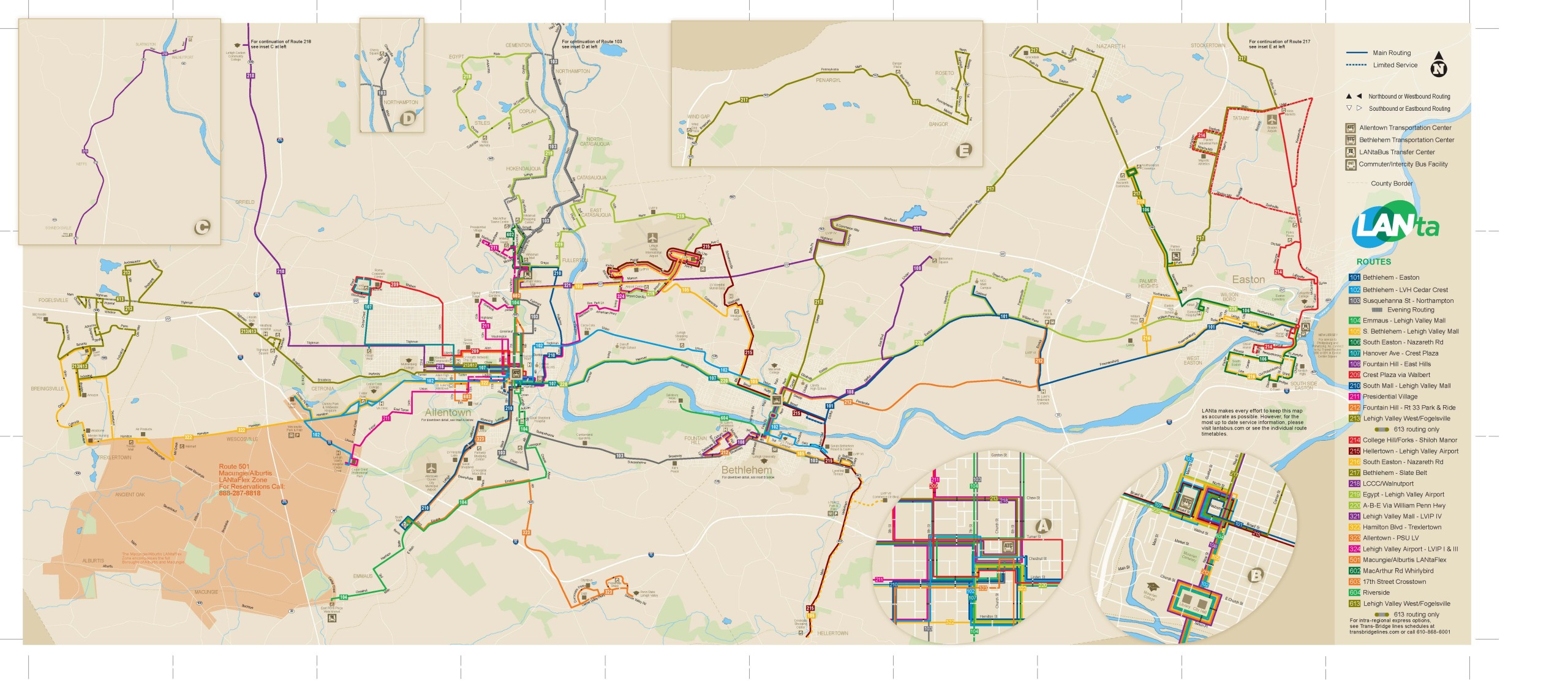 A map of LANta bus routes in the Lehigh Valley area