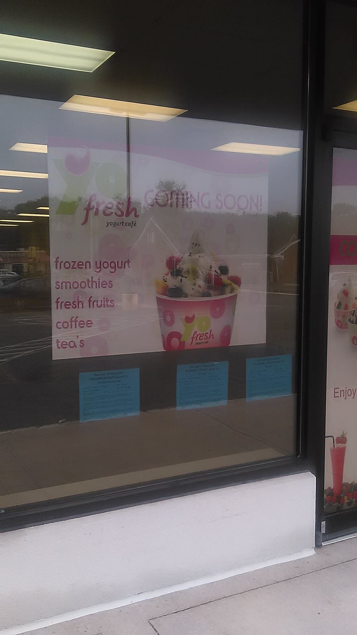 Building permits are displayed in the front window of YoFresh Yogurt Cafe in the Shoppes at Hellertown.