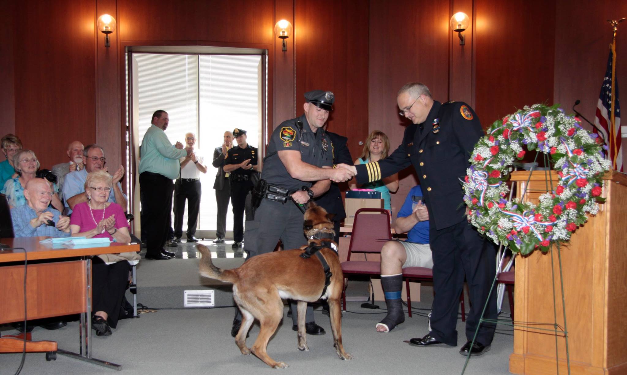 Lower Saucon Township Police K-9 Officer Steve Kunigus and his partner Atos were presented with commendations from the Bethelehm Police Department at a ceremony May 16.