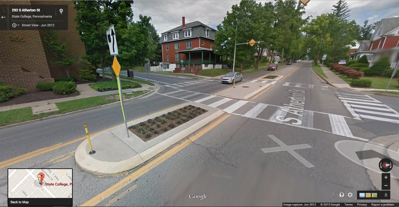 This example of a median to help pedestrians cross the street from State College, PA would be a great idea for Main Street in Hellertown in certain spots.