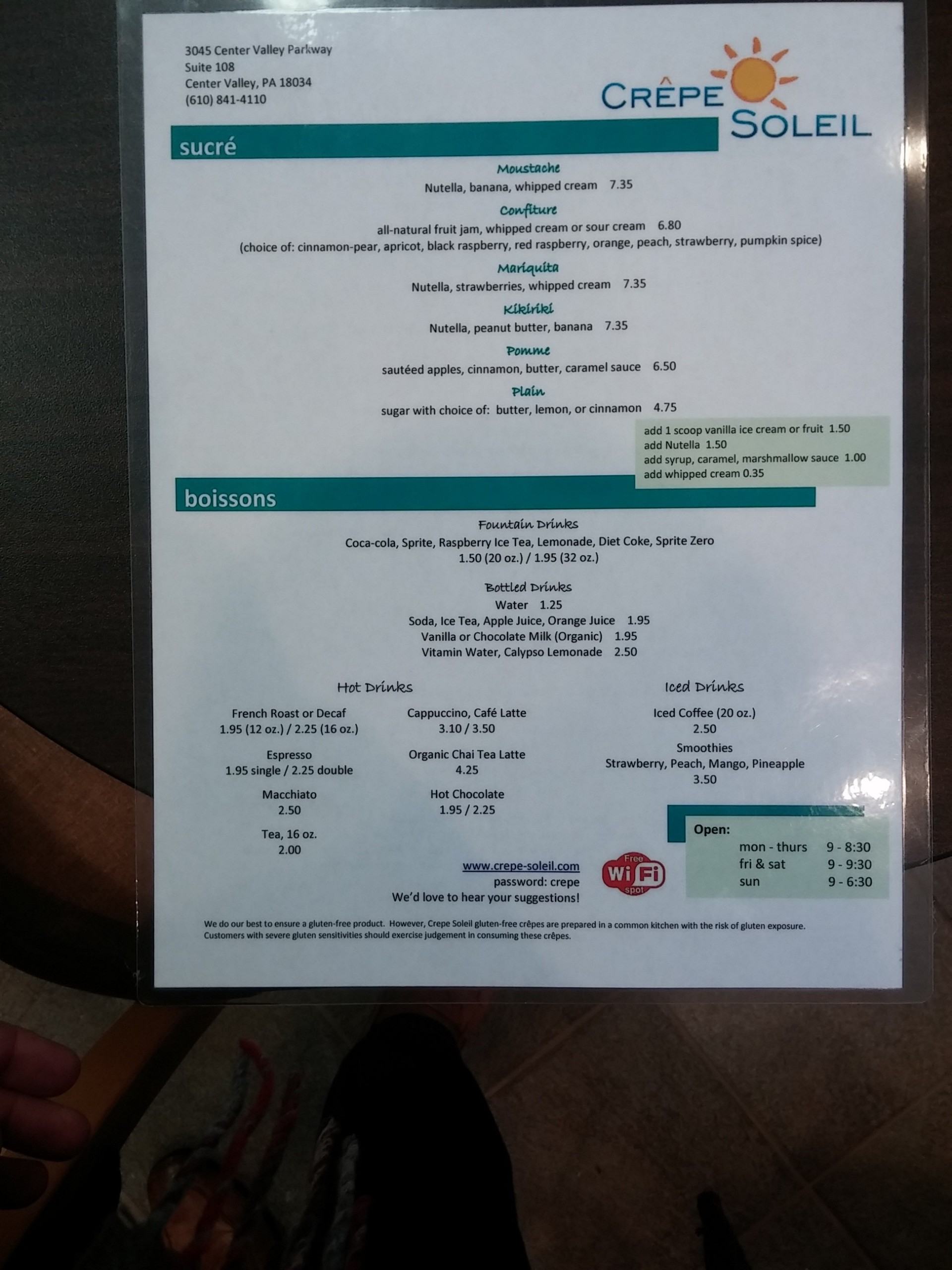 The menu at Crepe Soleil.