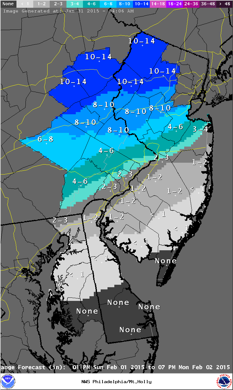 A National Weather Service map displays possible snowfall totals from a winter storm that could affect the Lehigh Valley Feb. 1-2, 2015.