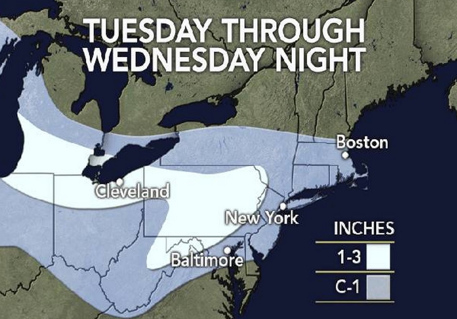 A clipper system is forecast to bring light snow to the Lehigh Valley Wednesday.