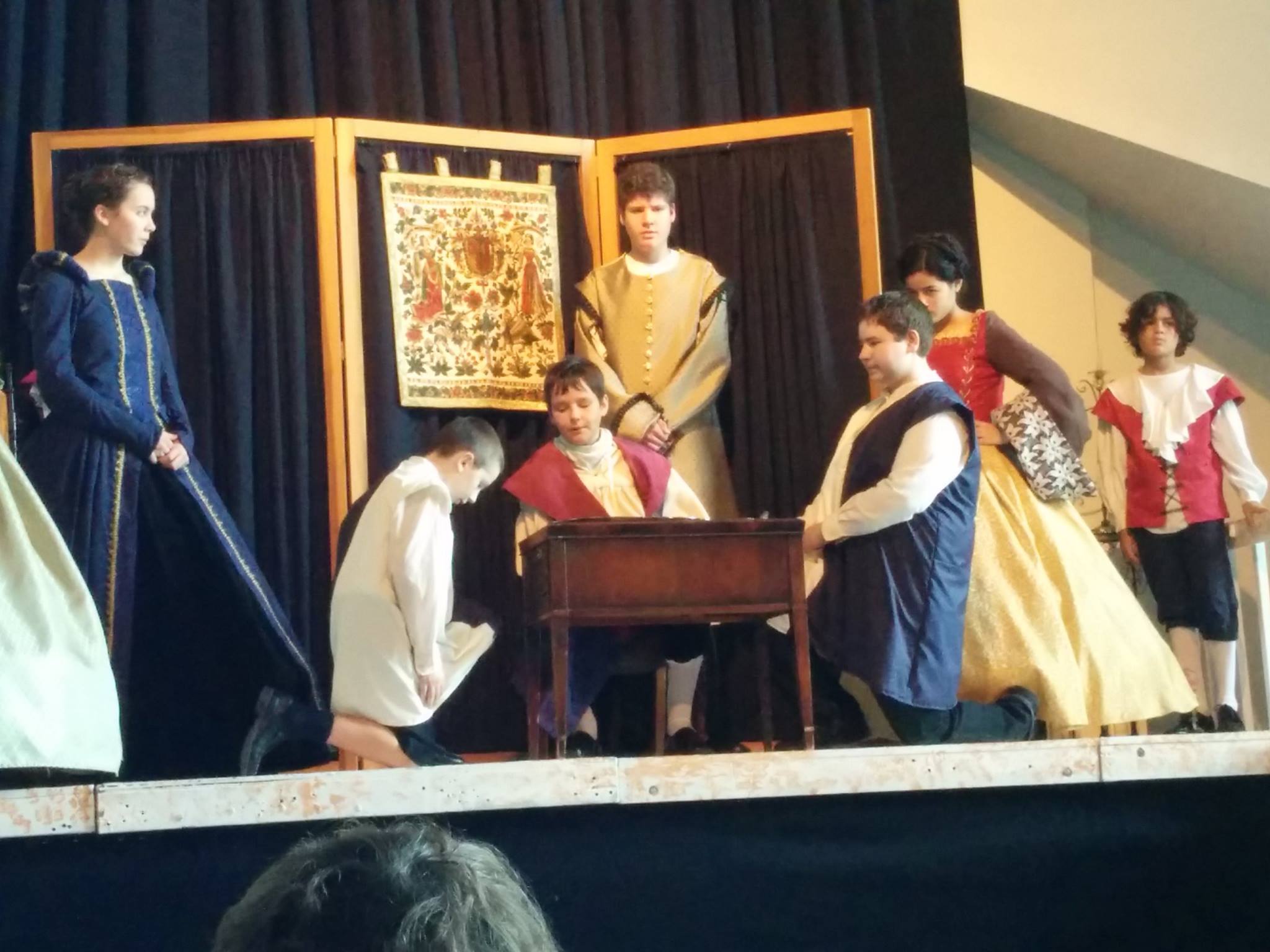 Players of the Stage actors rehearse a scene from "The Prince and The Pauper," which they will perform at Living Hope Church to help raise money for the Allentown Rescue Mission.