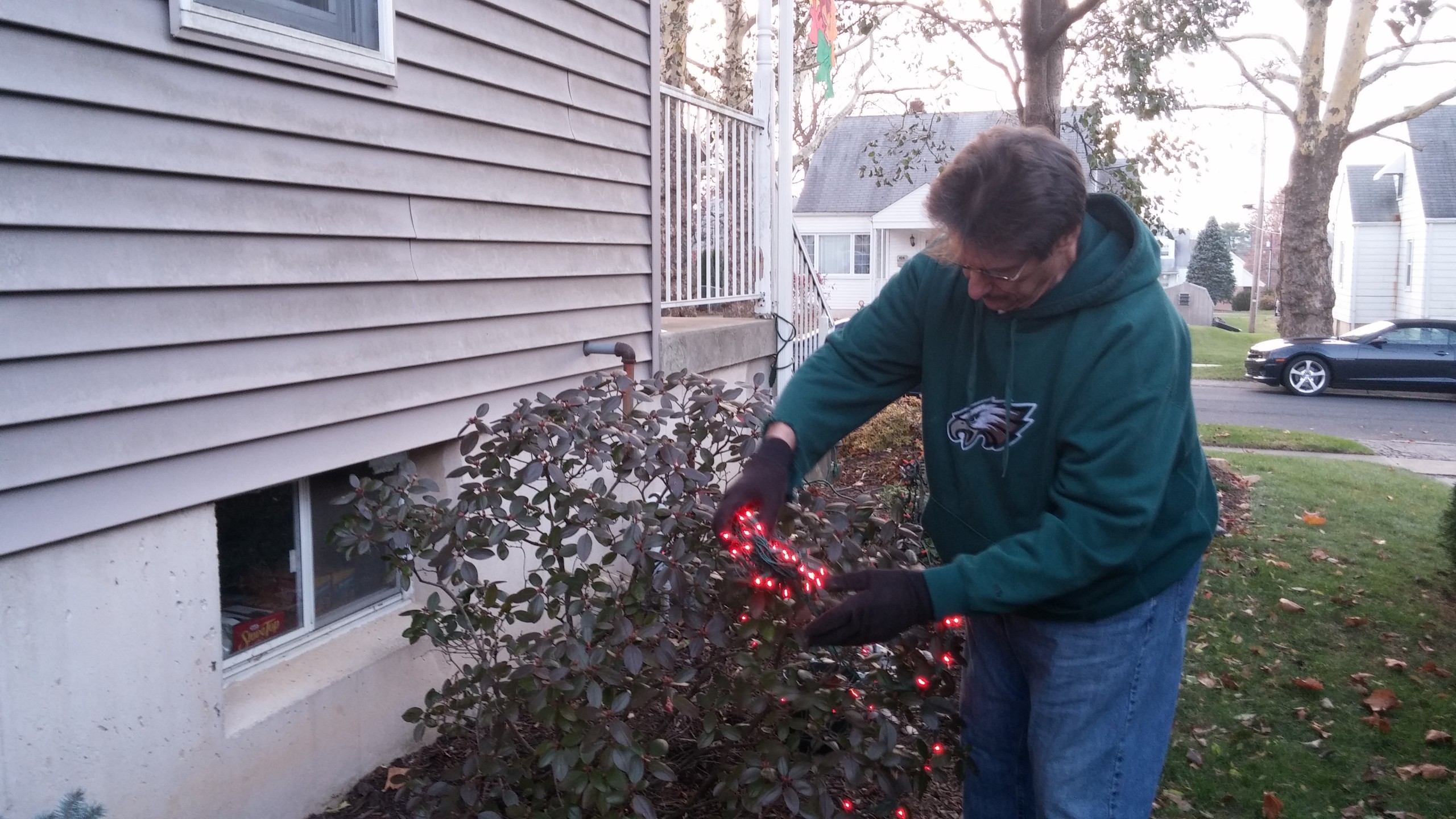 Donald Mills decorates a bush along the side of his Birch Road, Hellertown home with lights.