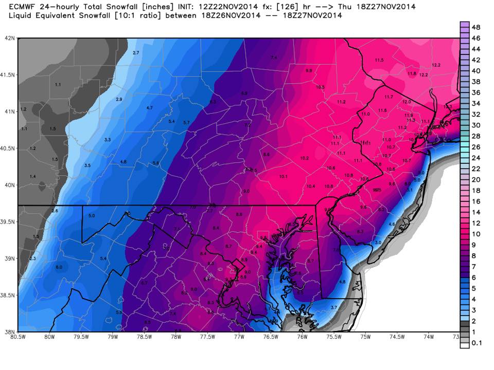 A 24-hour snowfall total map for the period from 6 p.m. Wednesday, Nov. 26 to 6 p.m. Thursday, Nov. 27.