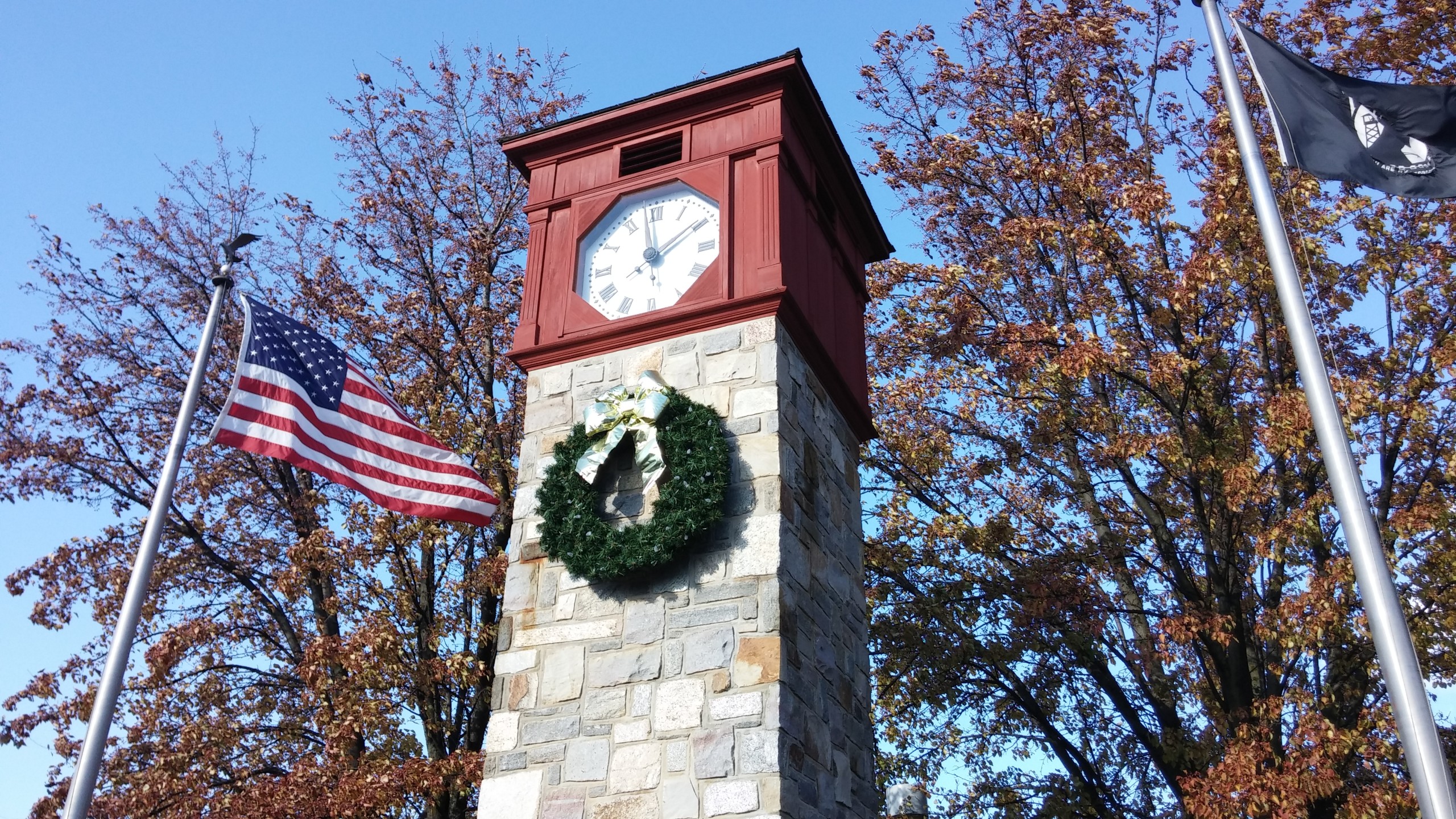 The clock tower at Detwiller Plaza in Hellertown is decorated for the holiday season